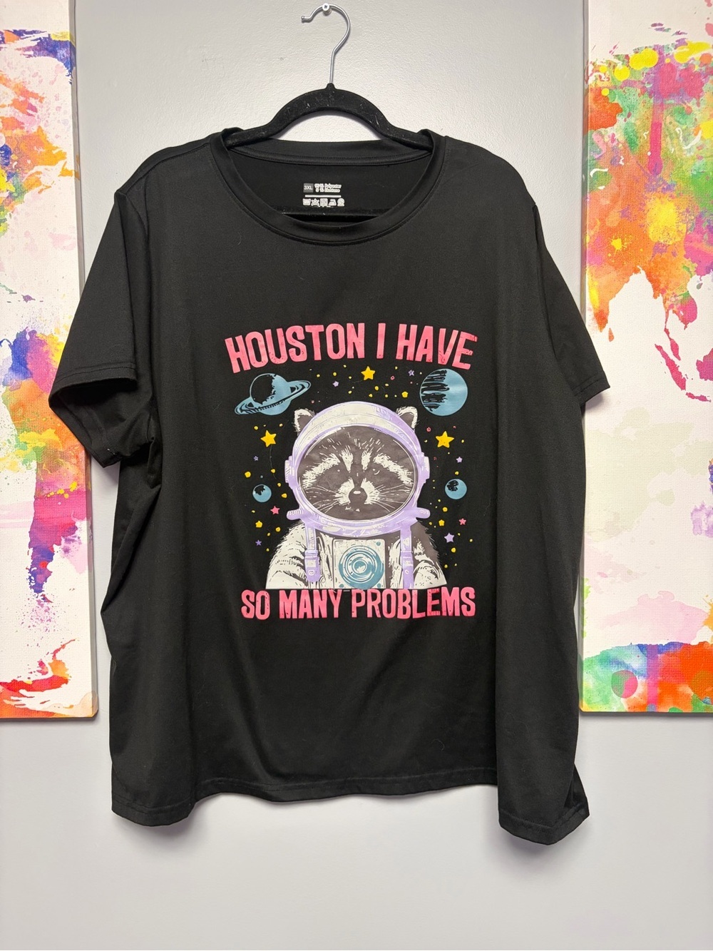**3 for $15** SHEIN Black Graphic Tee with Pink & Pastel Space Raccoon